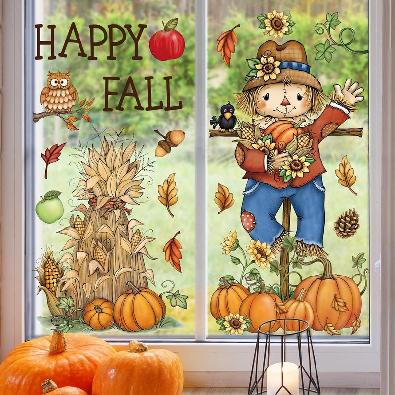 Whaline 6 Sheets Thanksgiving Window Clings Fall Vintage Scarecrow Grain Pile Pumpkin Reusable Window Decals for Autumn Harvest Thanksgiving Party Supplies Home Classroom Office Decor - Image 4